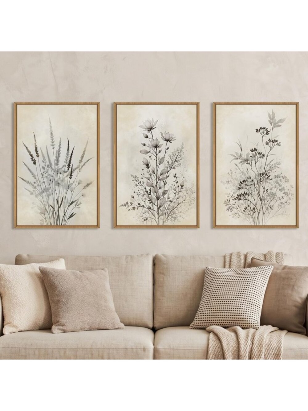 Large Neutral Flower Botanical Canvas Art - Boho Wildflowers Wall Decor, Vintage